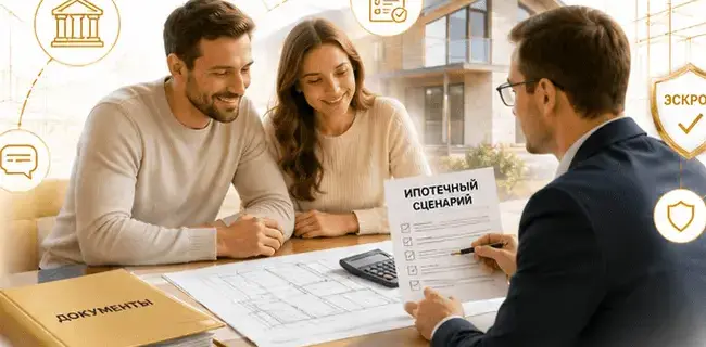 Семья обсуждает ипотечный сценарий с банковским специалистом